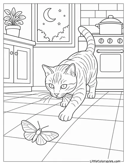 A Tabby Cat Stalking a Moth Across a Kitchen Floor at Night Coloring Page