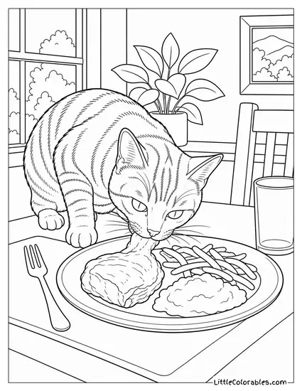 A Tabby Cat Stealing Food from an Unattended Dinner Plate Coloring Page