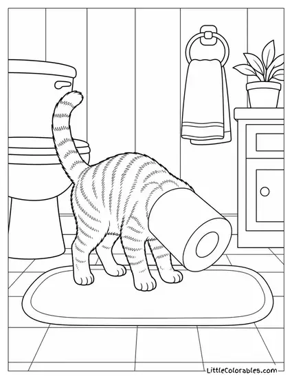 A Tabby Kitten with Its Head Stuck in a Toilet Paper Roll Coloring Page