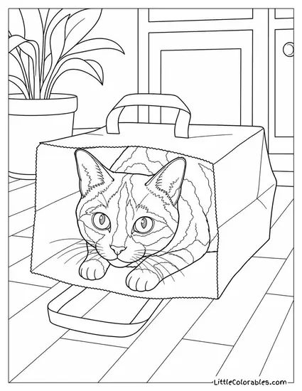 A Tortoiseshell Cat Hiding in a Paper Grocery Bag Coloring Page