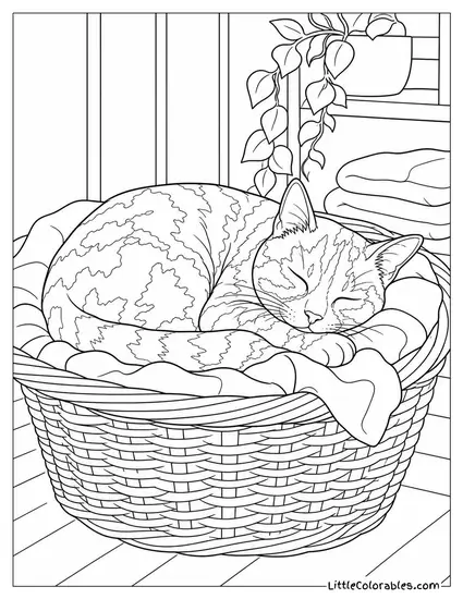 A Tortoiseshell Cat Sleeping in a Wicker Laundry Basket Coloring Page