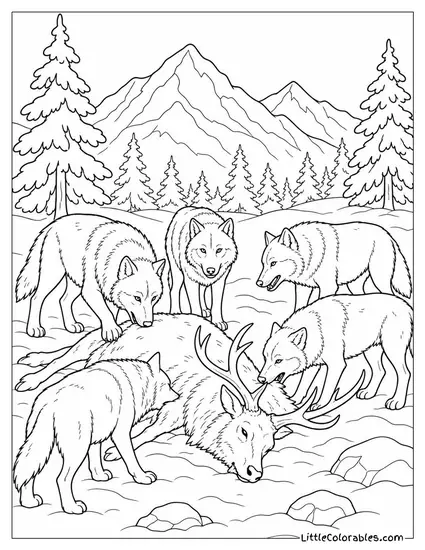 A Wolf Pack Gathered Around an Elk Carcass in a Snowy Clearing Coloring Page