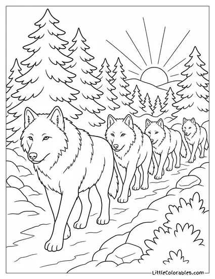 A Wolf Pack Moving in Single File Through a Pine Forest at Dawn Coloring Page