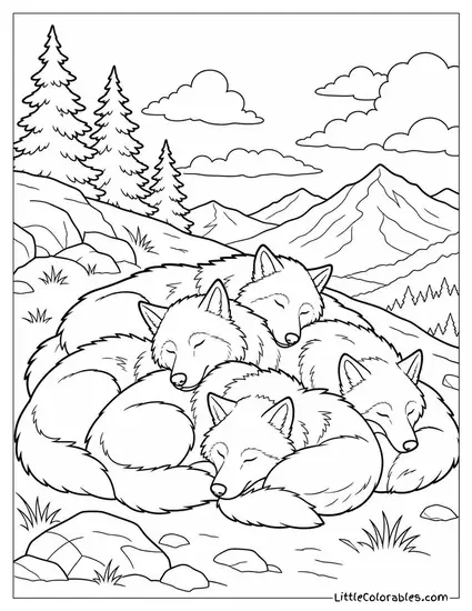 A Wolf Pack Sleeping in a Pile on a Wind-Sheltered Slope Coloring Page