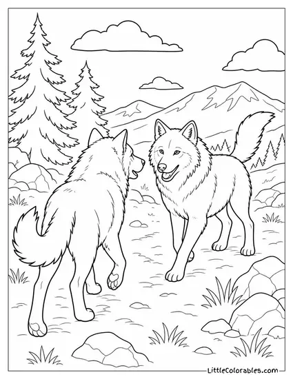 A Wolf Pair Greeting Each Other with Tail Wags After a Separation Coloring Page