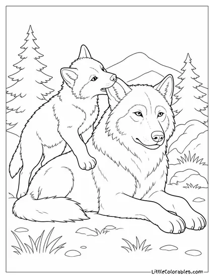 A Wolf Pup Biting the Ear of a Patient Older Wolf Who Does Not React Coloring Page