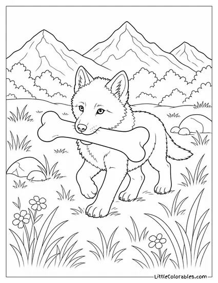 A Wolf Pup Carrying a Large Bone It Can Barely Lift Across a Meadow Coloring Page