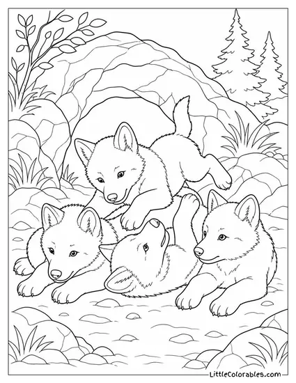 A Wolf Pup Tumbling Over Its Littermates Outside a Den Coloring Page