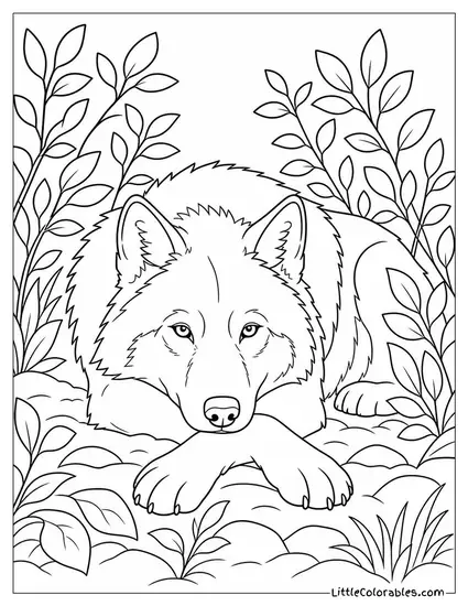 A Wolf Resting in a Thicket with Its Muzzle Resting on Crossed Forepaws Coloring Page