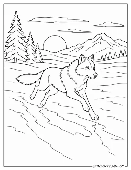 A Wolf Running at Dusk with Its Shadow Long Across the Snow Coloring Page