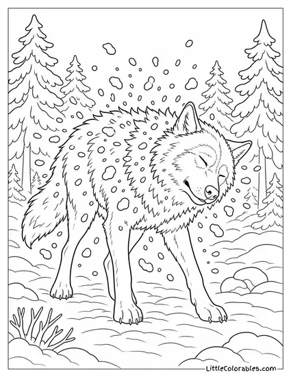 A Wolf Shaking Thick Snow from Its Coat in a Forest Clearing Coloring Page