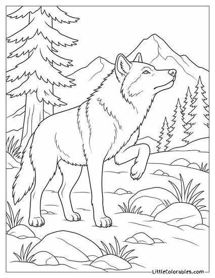 A Wolf Stopping Dead Still with One Paw Raised at an Unusual Scent Coloring Page