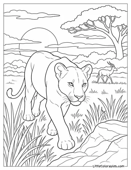 A Young Lioness Making Her First Solo Hunt at Dusk Coloring Page