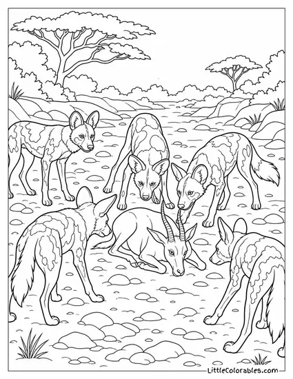 African Wild Dog Pack Surrounding Prey in a Dry Riverbed Coloring Page