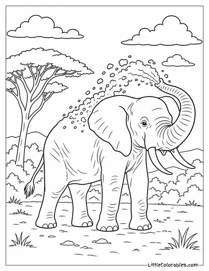 An African Elephant Dusting Itself with a Trunkful of Red Soil Coloring Page