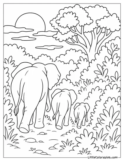 An African Elephant Family Disappearing Into Thick Bush at Twilight Coloring Page