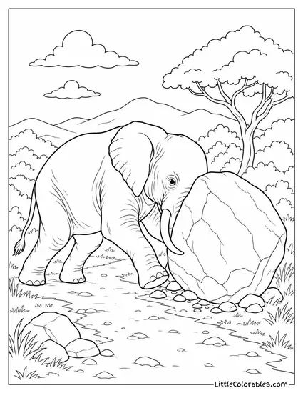 An African Elephant Pushing a Large Boulder Off a Path with Its Forehead Coloring Page