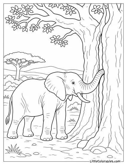 An African Elephant Reaching Into a Baobab Crack with Its Trunk for Water Coloring Page