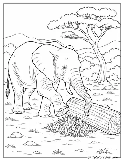 An African Elephant Rolling a Log Aside to Reach Grass Growing Beneath It Coloring Page