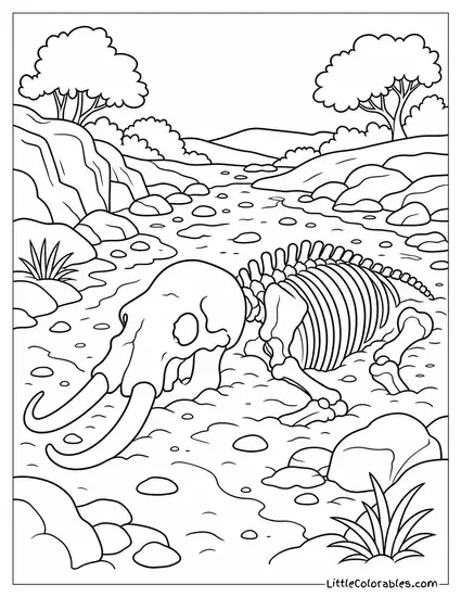 An African Elephant Skeleton Half-Buried in a Dry Streambed Coloring Page