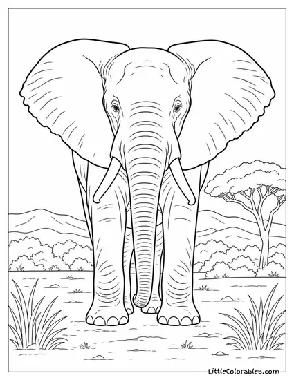An African Elephant Standing Motionless Ears Wide in Complete Alertness Coloring Page