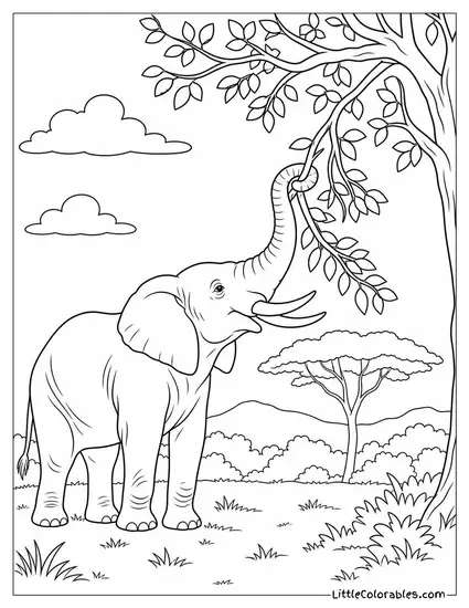 An African Elephant Stripping Leaves from a High Branch by Pulling It Down Coloring Page