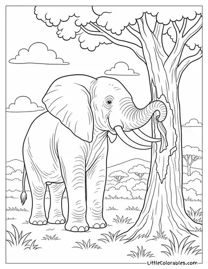 An African Elephant Using Its Trunk to Strip Bark from a Fever Tree Coloring Page