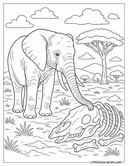 An African Matriarch Touching the Bones of Another Elephant with Her Trunk Coloring Page