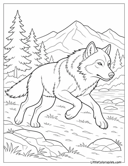 An Alpha Wolf Breaking Into a Sprint from a Standing Position at a Signal Coloring Page