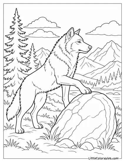 An Alpha Wolf Marking a Boulder at the Edge of the Pack Territory Coloring Page