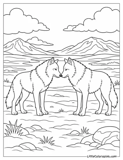 An Arctic Wolf Pair Touching Noses at a Meeting Point on Open Tundra Coloring Page