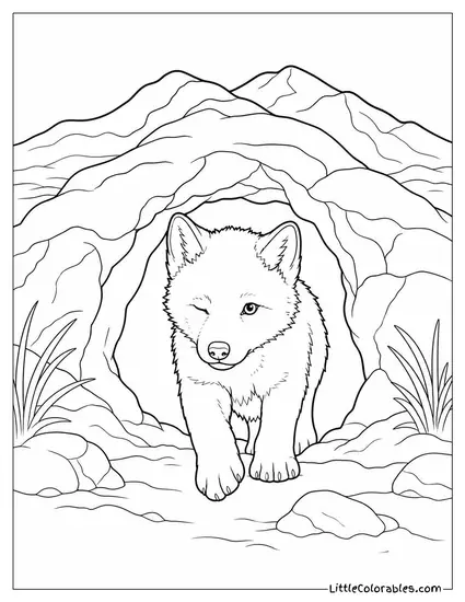 An Arctic Wolf Pup Emerging from a Den for the First Time Blinking Coloring Page