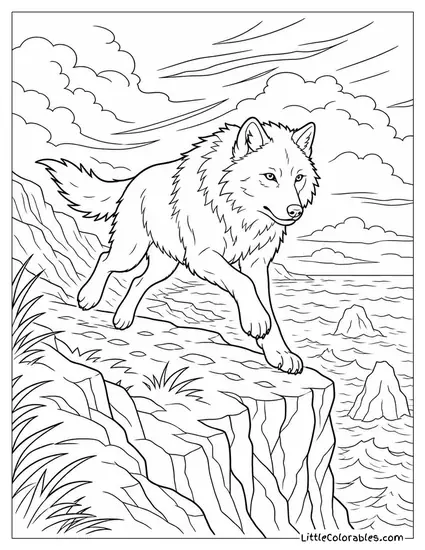 An Arctic Wolf Running Along a Coastal Cliff Edge in a Gale Coloring Page