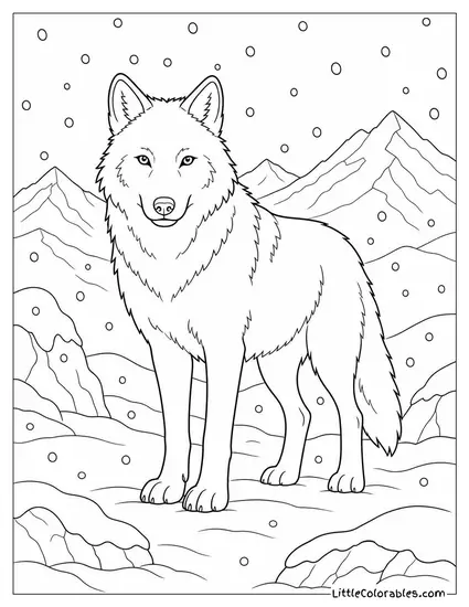 An Arctic Wolf Standing Still as Snow Falls Silently Around It Coloring Page