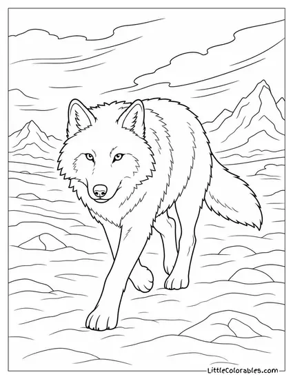 An Arctic Wolf Trotting Across a White Tundra Plain Into a Headwind Coloring Page