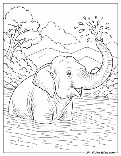 An Asian Elephant Bathing in a River with Its Trunk Spraying Water Coloring Page