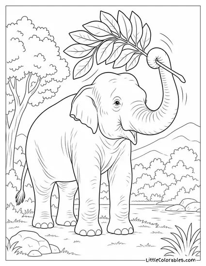 An Asian Elephant Cooling Itself by Fanning with a Large Leafy Branch It Found Coloring Page