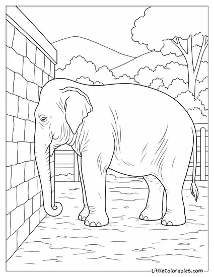 An Asian Elephant Pressing Its Forehead Against a Wall in a Sanctuary Coloring Page