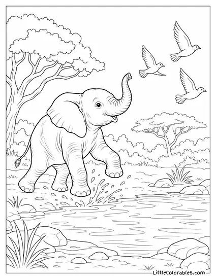 An Elephant Calf Chasing Birds from a Waterhole with Small Trunk Raised Coloring Page