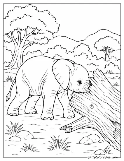 An Elephant Calf Investigating a Dead Log by Pushing It with Its Head Coloring Page
