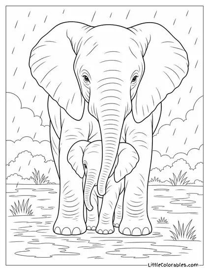An Elephant Calf Sheltering Between Its Mother's Front Legs in the Rain Coloring Page