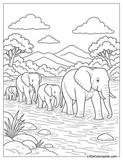 An Elephant Herd Crossing a Wide Shallow River in Single File Coloring Page