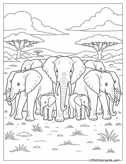 An Elephant Herd Defending Their Calves in a Tight Circle Facing Outward Coloring Page