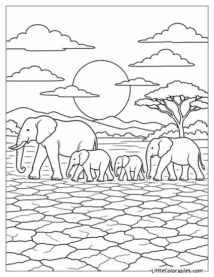 An Elephant Herd in Silhouette Walking Across a Dry Pan at Sunset Coloring Page