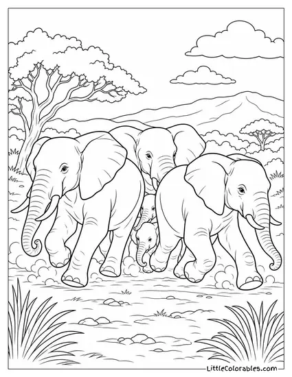 An Elephant Herd Running in Alarm with Calves Hidden in the Middle Coloring Page