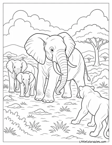 An Elephant Matriarch Turning to Confront a Predator Threatening the Herd Coloring Page