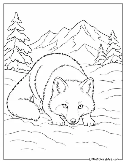Arctic Fox Crouching Motionless Before Pouncing Into Deep Snow Coloring Page