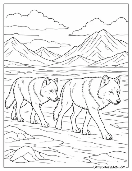 Arctic Wolf Pair Travelling Across a Frozen Tundra Plain Coloring Page