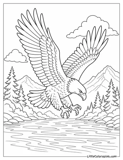 Bald Eagle Diving with Talons Extended Toward a River Surface Coloring Page