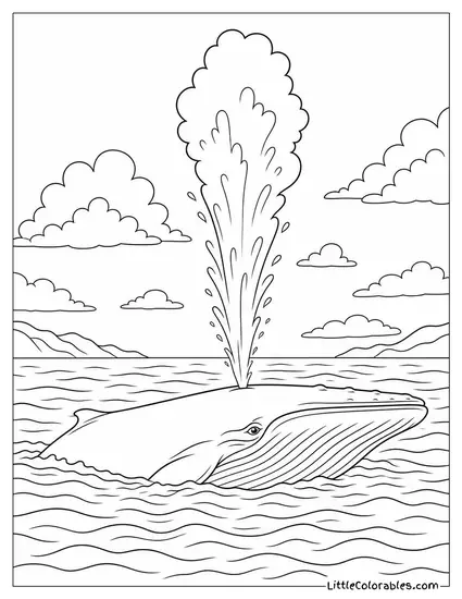 Blue Whale Surfacing with a Towering Blow in Open Ocean Coloring Page